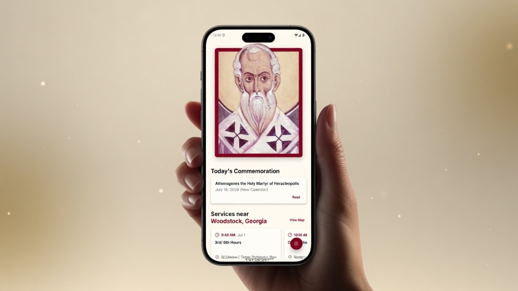 Smartphone showing daily commemorations and upcoming Orthodox services near the user