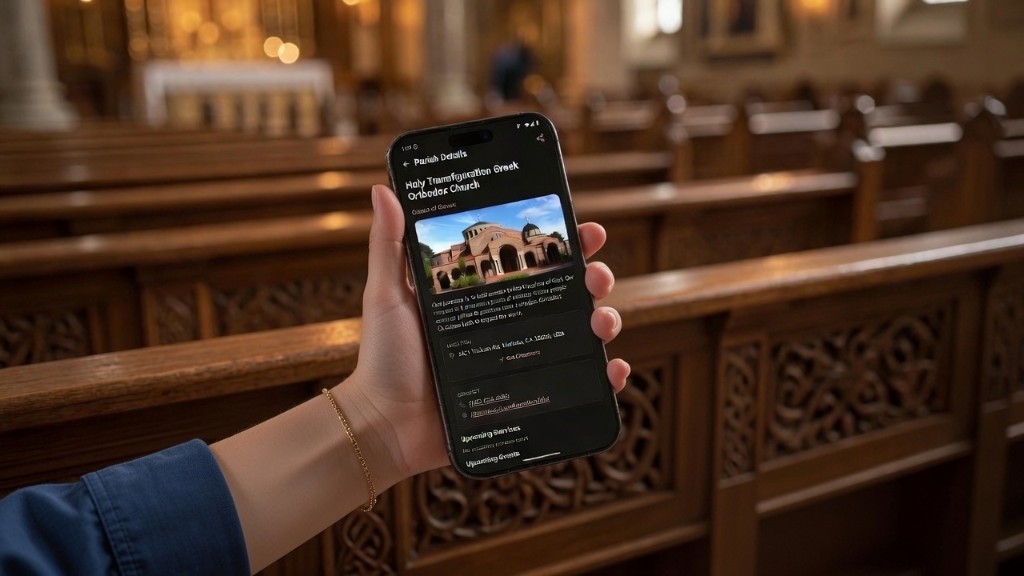 Smartphone showing church details inside an Orthodox church