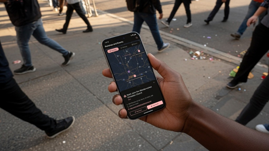 Smartphone showing the Orthodox Homepage church map and church detail listing