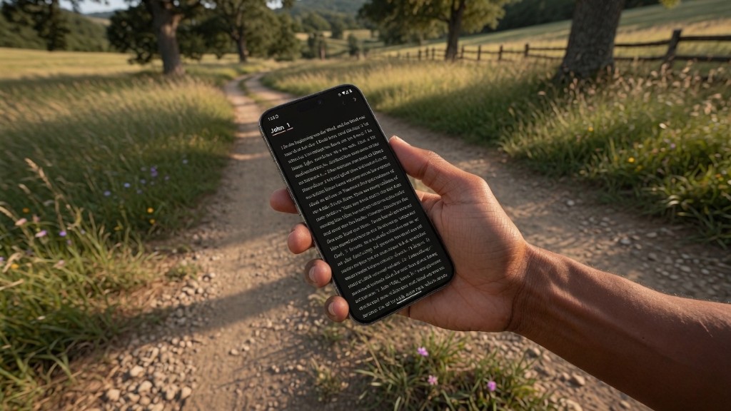 Smartphone displaying the Gospel of John in the Orthodox Homepage Bible reader outdoors